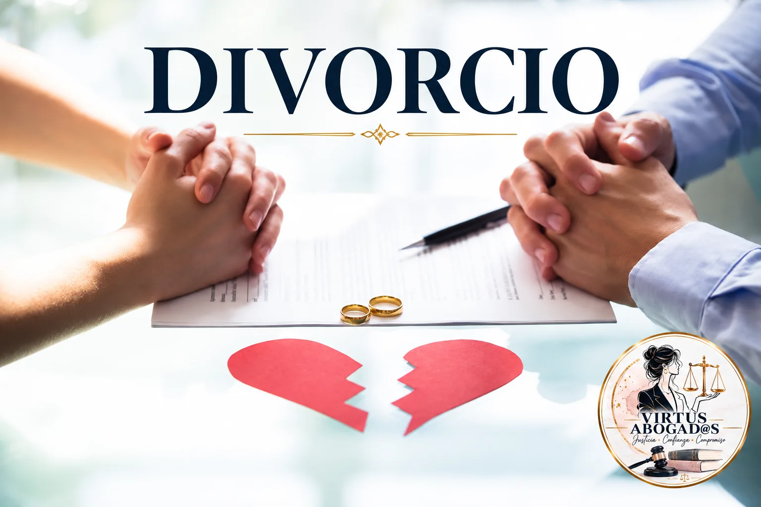 Dos personas con las manos entrelazadas frente a un convenio de divorcio, con dos anillos de oro y un corazón de papel roto